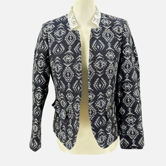 Helene London Jackets & Blazers - Helene London Medium Womens Jacket Open Front Geometric Pattern Navy/Off-White C